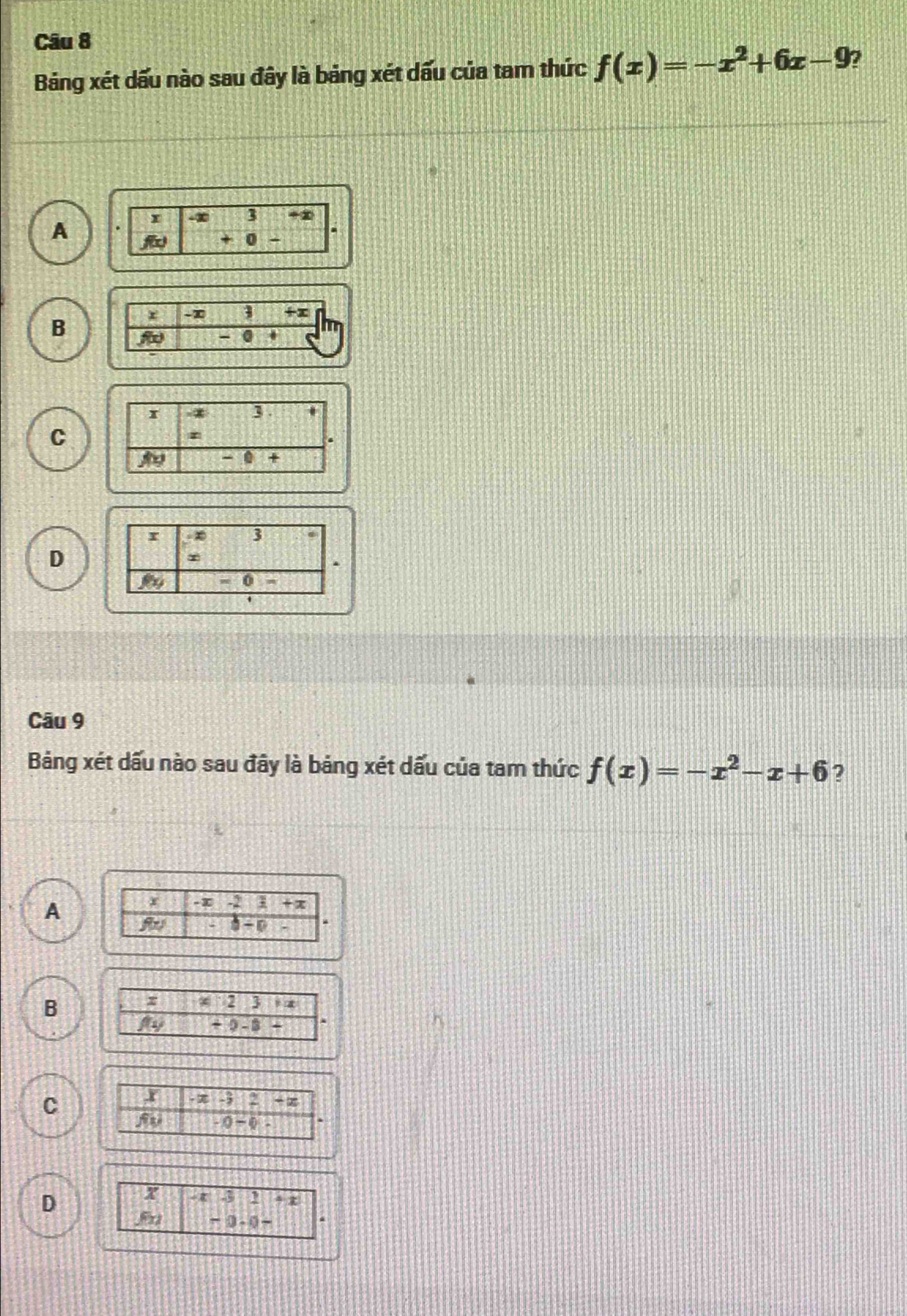 Bảng xét dấu nào sau đây là bảng xét dấu của tam thức f(x)=-x^2+6x-9
A
B
C
D
Câu 9
Bảng xét dấu nào sau đây là bảng xét dấu của tam thức f(x)=-x^2-x+6 ?
A
B
C
D