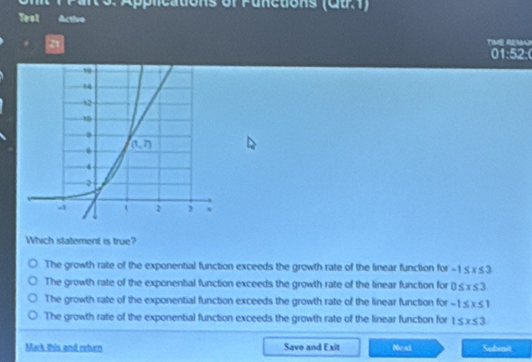 Applications of Functions (Ctr. 1)
Test Activo
Te Rém
01:52:0
Which statement is true?
The growth rate of the exponential function exceeds the growth rate of the linear function for -1≤ x≤ 3
The growth rate of the exponential function exceeds the growth rate of the linear function for 0≤ x≤ 3
The growth rate of the exponential function exceeds the growth rate of the linear function for -1≤ x≤ 1
The growth rate of the exponential function exceeds the growth rate of the linear function for 1≤ x≤ 3
Mark this and return Save and Exit Next Submit