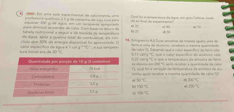 ENM Em uma aula experimental de calorimetria, uma Qual foi a temperatura da água, em grau Celsius, medi-
professora queimou 2,5 g de castanha-de-caju crua para da ao final do experimento?
aquecer 350 g de água, em um recipiente apropriado
para diminuir as perdas de calor. Com base na leitura da a) 25 c) 45 e) 70
tabela nutricional a seguir e da medida da temperatura b) 27 d) 50
da água, após a queima total do combustível, ela con-
cluiu que 50% da energia disponível foi aproveitada. O 10. (Unigranrio-RJ) Duas amostras de massas iguais, uma de
ferro e uma de alumínio, recebem a mesma quantidade
calor específico da água é 1calg^((-1)°C^-1) , e sua tempera
tura inicial era de 20°C. de calor Q. Sabendo que o calor específico do ferro vale
0,11cal/g°C , que o calor específico do alumínio vale
0,22cal/g°C
se elevou em e que a temperatura da amostra do ferro
200°C após receber a quantidade de calor
Q, qual foi a variação da temperatura da amostra de alu-
mínio após receber a mesma quantidade de calor Q?
a) 50°C d) 200°C
b) 150°C e) 250°C
c) 100°C