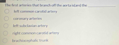 The first arteries that branch off the aorta is(are) the_
left common carotid artery
coronary arteries
left subclavian artery
right common carotid artery
brachiocephalic trunk