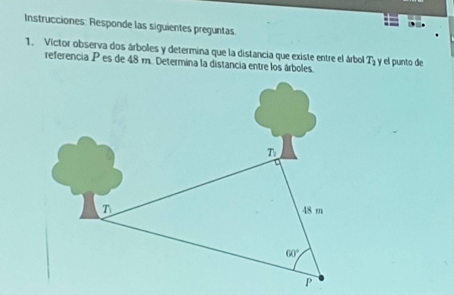 Instrucciones: Responde las siguientes preguntas.
1. Víctor observa dos árboles y determina que la distancia que existe entre el árbol T_2 y el punto de
referencia P es de 48 m. Determina la distancia entre los árboles.