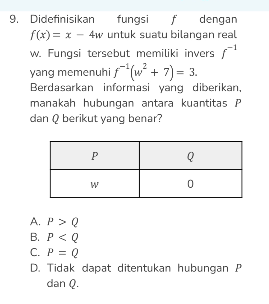 Didefinisikan fungsi f dengan
f(x)=x-4w untuk suatu bilangan real
w. Fungsi tersebut memiliki invers f^(-1)
yang memenuhi f^(-1)(w^2+7)=3. 
Berdasarkan informasi yang diberikan,
manakah hubungan antara kuantitas P
dan Q berikut yang benar?
A. P>Q
B. P
C. P=Q
D. Tidak dapat ditentukan hubungan P
dan Q.