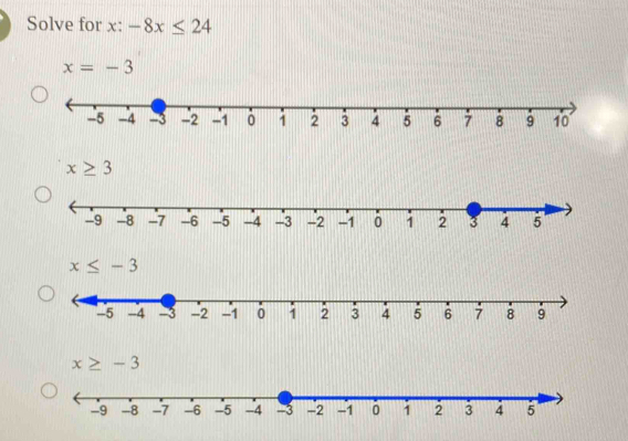 Solve for x : -8x≤ 24
x=-3
x≥ 3
x≤ -3
x≥ -3