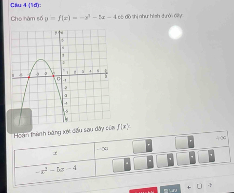 (1đ):
Cho hàm số y=f(x)=-x^2-5x-4 có đồ thị như hình dưới đây:
Hoàn thành bảng xét dấu sau đâ f(x)
+∞
-∞
x
-x^2-5x-4
Lưru K