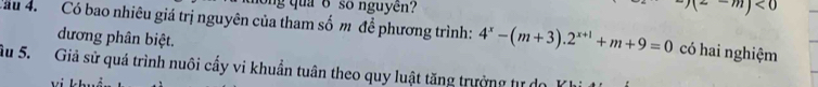 ng quả 6 số nguyên? -m)<0</tex> 
Cau 4. Có bao nhiêu giá trị nguyên của tham số m để phương trình: 4^x-(m+3).2^(x+1)+m+9=0 có hai nghiệm 
dương phân biệt. 
Ấu 5. Giả sử quá trình nuôi cấy vi khuẩn tuân theo quy luật tăng trưởng tự do