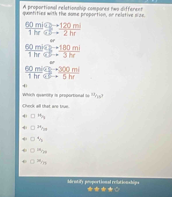 A proportional relationship compares two different
quantities with the same proportion, or relative size.
 (60mi* 2to 120mi)/1hr* 2to 2hr 
or
frac 60mi mi * 3hr 
or
frac 60mi * 9to  300mi/5hr 
Which quantity is proportional to 1²/1s?
Check all that are true.
16/5
D 24/10
-4 4/s
, 40 16/20
-◇ 36/75
Identify proportional relationships