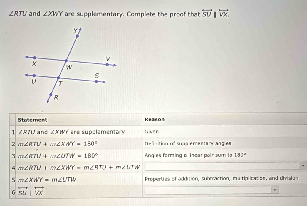 ∠ RTU and ∠ XWY are supplementary. Complete the proof that overleftrightarrow SU||overleftrightarrow VX. 
Statement Reason 
1 ∠ RTU and ∠ XWY are supplementary Given 
2 m∠ RTU+m∠ XWY=180° Definition of supplementary angles
3m∠ RTU+m∠ UTW=180° Angles forming a linear pair sum to 180°
4m∠ RTU+m∠ XWY=m∠ RTU+m∠ UTW
5m∠ XWY=m∠ UTW Properties of addition, subtraction, multiplication, and division
6overleftrightarrow SU||overleftrightarrow VX