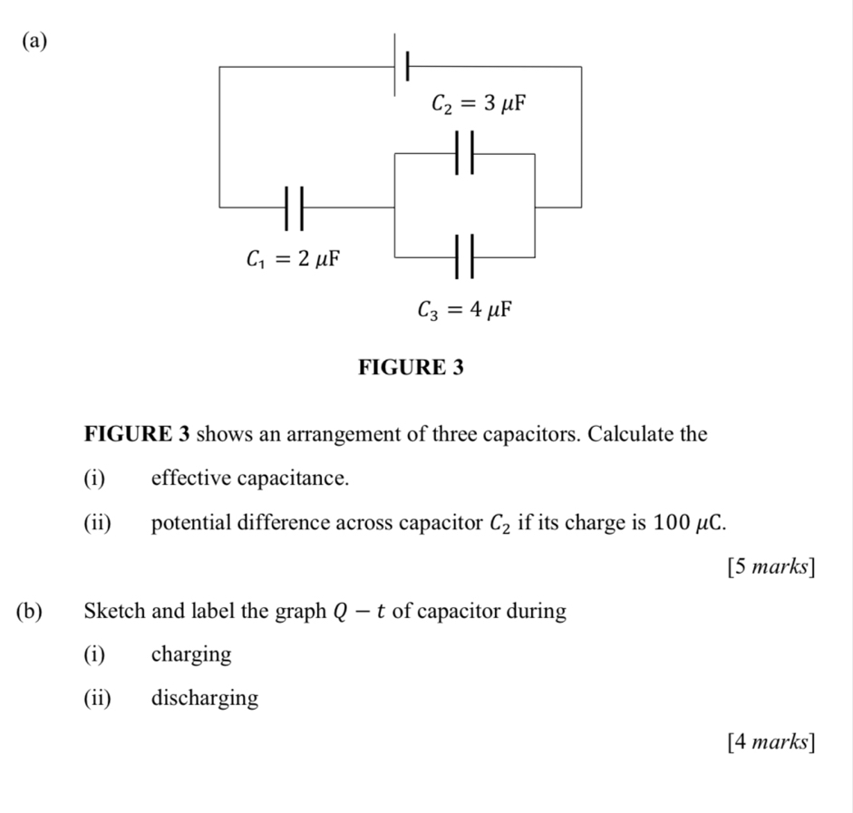 C_2=3mu F
C_1=2mu F
C_3=4mu F
FIGURE 3 
FIGURE 3 shows an arrangement of three capacitors. Calculate the 
(i) effective capacitance. 
(ii) potential difference across capacitor C_2 if its charge is 100 μC. 
[5 marks] 
(b) Sketch and label the graph Q-t of capacitor during 
(i) charging 
(ii) discharging 
[4 marks]