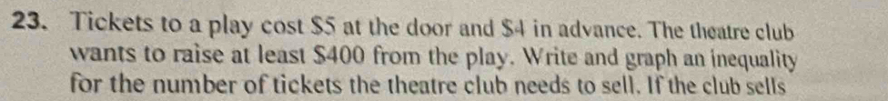 Tickets to a play cost $5 at the door and $4 in advance. The theatre club 
wants to raise at least $400 from the play. Write and graph an inequality 
for the number of tickets the theatre club needs to sell. If the club sells