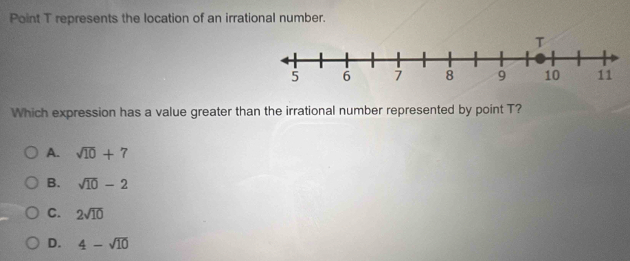 Point T represents the location of an irrational number.
Which expression has a value greater than the irrational number represented by point T?
A. sqrt(10)+7
B. sqrt(10)-2
C. 2sqrt(10)
D. 4-sqrt(10)