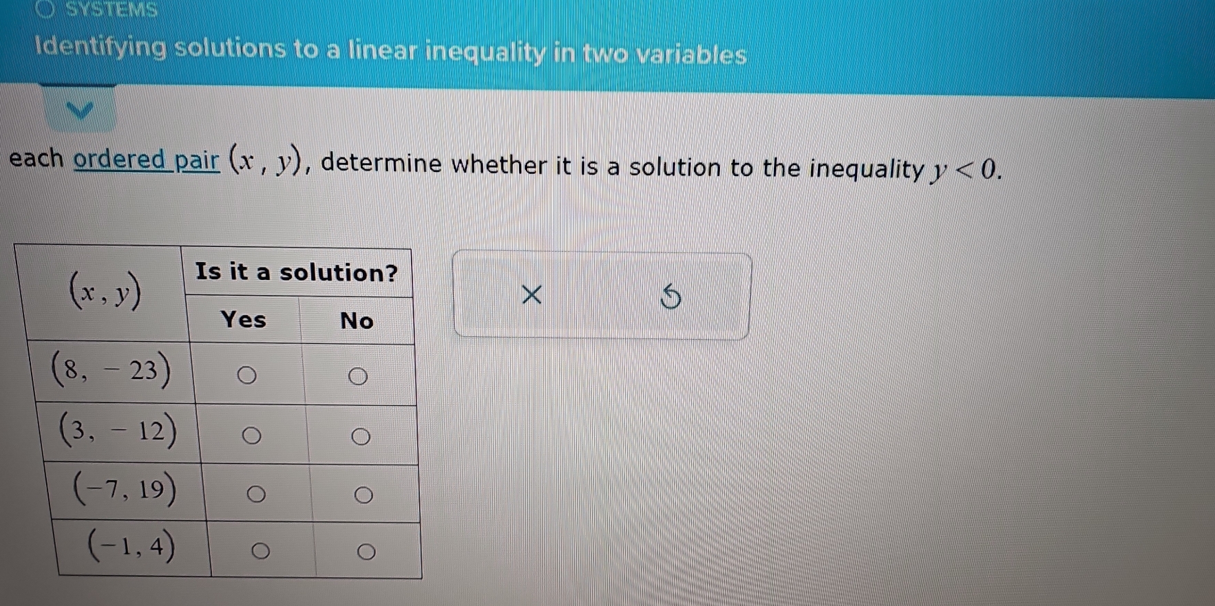 ○ SYSTEMS
Identifying solutions to a linear inequality in two variables
each ordered pair (x,y) , determine whether it is a solution to the inequality y<0.
×
S