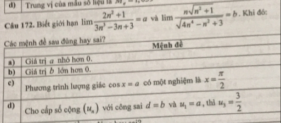 Trung vị của mẫu số liệu là Mỹ 
Câu 172. Biết giới hạn limlimits  (2n^2+1)/3n^3-3n+3 =a và limlimits  (nsqrt(n^2+1))/sqrt(4n^4-n^2+3) =b. Khi đó: