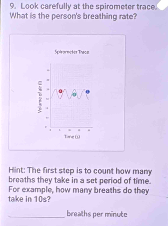 Look carefully at the spirometer trace. 
What is the person's breathing rate? 
Spirometer Trace
18
29
10
o
18.
20
Time (s) 
Hint: The first step is to count how many 
breaths they take in a set period of time. 
For example, how many breaths do they 
take in 10s? 
_breaths per minute