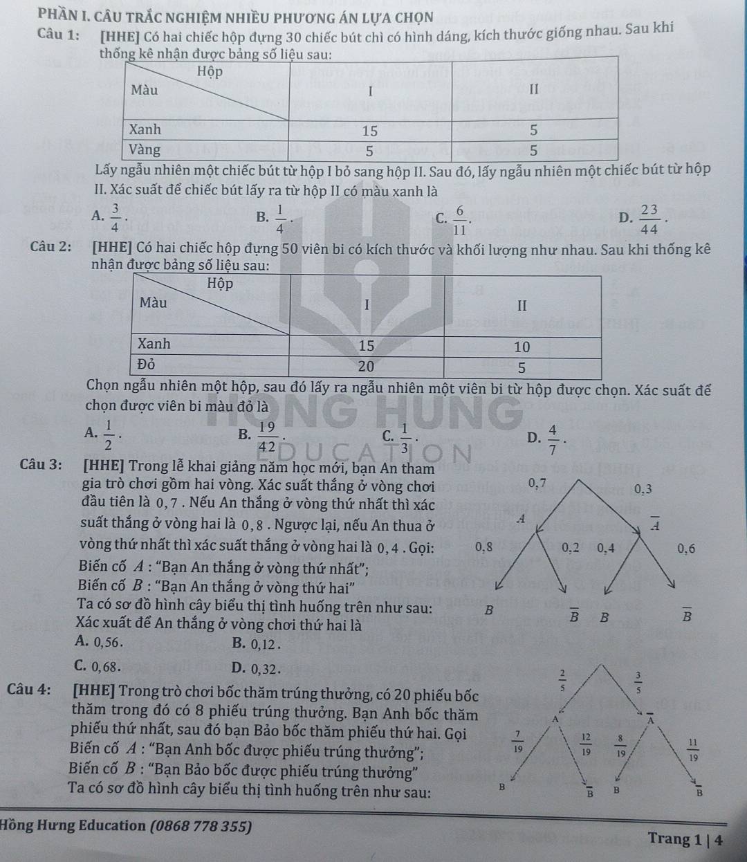 PhầN I. cÂU tRắC nghiệm nhiềU phươnG áN lựA chọn
Câu 1: [HHE] Có hai chiếc hộp đựng 30 chiếc bút chì có hình dáng, kích thước giống nhau. Sau khi
Lấy ngẫu nhiên một chiếc bút từ hộp I bỏ sang hộp II. Sau đó, lấy ngẫu nhiên một chiếc bút từ hộp
II. Xác suất để chiếc bút lấy ra từ hộp II có màu xanh là
A.  3/4 ·  1/4 ·  6/11 .  23/44 .
B.
C.
D.
Câu 2: [HHE] Có hai chiếc hộp đựng 50 viên bi có kích thước và khối lượng như nhau. Sau khi thống kê
 
ngẫu nhiên một hộp, sau đó lấy ra ngẫu nhiên một viên bi từ hộp được chọn. Xác suất để
chọn được viên bi màu đỏ là
A.  1/2 ·  19/42 .  1/3 ·  4/7 ·
B.
C.
D.
Câu 3: [HHE] Trong lễ khai giảng năm học mới, bạn An tham
gia trò chơi gồm hai vòng. Xác suất thắng ở vòng chơi
đầu tiên là 0, 7 . Nếu An thắng ở vòng thứ nhất thì xác
suất thắng ở vòng hai là 0, 8 . Ngược lại, nếu An thua ở
vòng thứ nhất thì xác suất thắng ở vòng hai là 0, 4 . Gọi: 
Biến cố A : “Bạn An thắng ở vòng thứ nhất”;
Biến cố B : “Bạn An thắng ở vòng thứ hai”
Ta có sơ đồ hình cây biểu thị tình huống trên như sau:
Xác xuất để An thắng ở vòng chơi thứ hai là
A. 0,56. B. 0,12 .
C. 0, 68 . D. 0, 32 .
Câu 4: [HHE] Trong trò chơi bốc thăm trúng thưởng, có 20 phiếu bốc
thăm trong đó có 8 phiếu trúng thưởng. Bạn Anh bốc thăm
phiếu thứ nhất, sau đó bạn Bảo bốc thăm phiếu thứ hai. Gọi 
Biến cố A : “Bạn Anh bốc được phiếu trúng thưởng”;
Biến cố B : “Bạn Bảo bốc được phiếu trúng thưởng”
Ta có sơ đồ hình cây biểu thị tình huống trên như sau: 
Hồng Hưng Education (0868 778 355) Trang 1 | 4