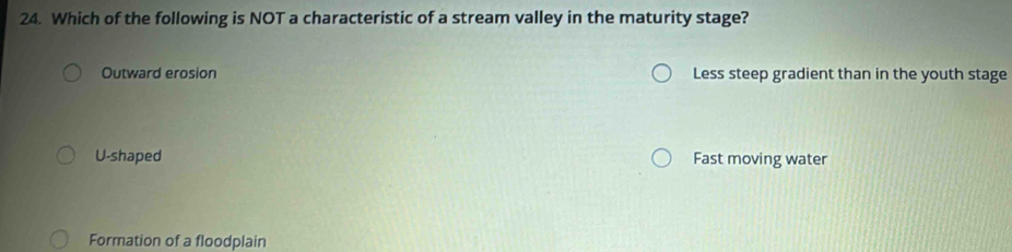 Which of the following is NOT a characteristic of a stream valley in the maturity stage?
Outward erosion Less steep gradient than in the youth stage
U-shaped Fast moving water
Formation of a floodplain