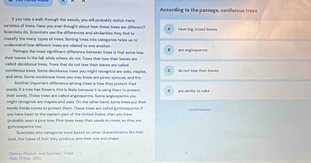 According to the passage, coniferous trees
If you take a walk through the woods, you will probably notice many
varieties of trees. Have you ever thought about how these trees are different? A_ have big, broad leaves
Scientists do. Scientists use the differences and similarities they find to
classify the many types of trees. Sorting trees into categories helps us to
understand how different trees are related to one another.
Perhaps the most significant difference between trees is that some lose B are angiosperms
their leaves in the fall, while others do not. Trees that lose their leaves are
called deciduous trees. Trees that do not lose their leaves are called
coniferous trees. Some deciduous trees you might recognize are oaks, maples, do not lose their leaves
and elms. Some coniferous trees you may know are pines, spruces, and firs.
Another important difference among trees is how they protect their
seeds. If a tree has flowers, this is likely because it is using them to protect D are similar to oaks
their seeds. These trees are called angiosperms. Some angiosperms you
might recognize are maples and oaks. On the other hand, some trees put their
seeds inside cones to protect them. These trees are called gymnosperms. If ADVERTISEMENT
you have been to the eastern part of the United States, then you have
probably seen a pine tree. Pine trees keep their seeds in cones, so they are
gymnosperms too.
Scientists also categorize trees based on other characteristics like their
bark, the types of fruit they produce, and their size and shape.
"Genus, Phylum, and Species." Trees,
Web. 17 May 2012.