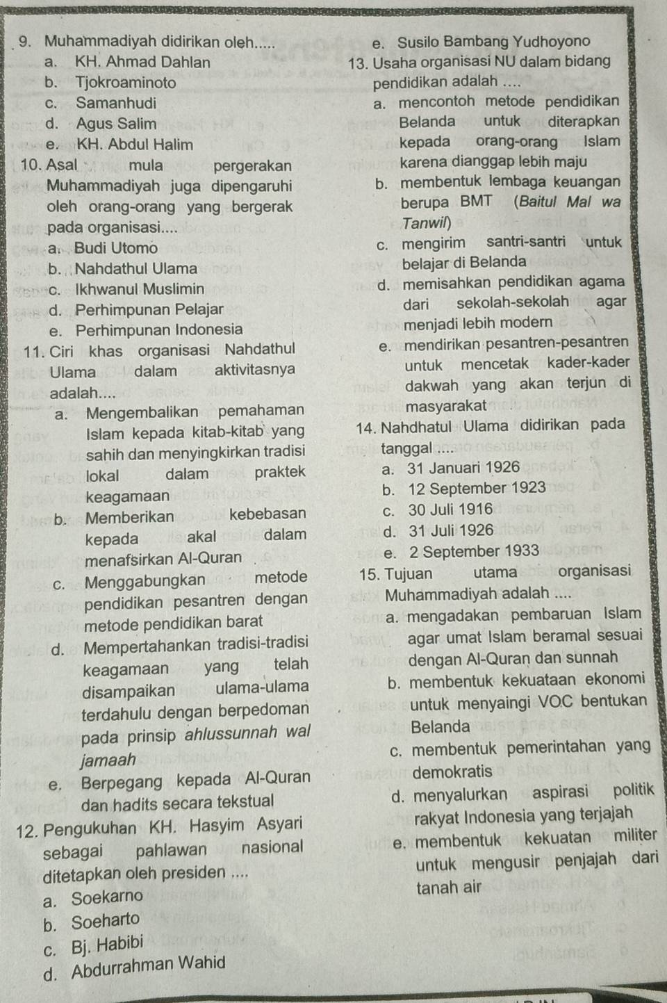 Muhammadiyah didirikan oleh..... e. Susilo Bambang Yudhoyono
a. KH. Ahmad Dahlan 13. Usaha organisasi NU dalam bidang
b. Tjokroaminoto pendidikan adalah ....
c. Samanhudi a. mencontoh metode pendidikan
d. Agus Salim Belanda o untuken diterapkan
e. KH. Abdul Halim kepada orang-orang Islam
10. Asal mula pergerakan karena dianggap lebih maju
Muhammadiyah juga dipengaruhi b. membentuk lembaga keuangan
oleh orang-orang yang bergerak berupa BMT (Baitul Mal wa
pada organisasi.... Tanwil)
a. Budi Utomo c. mengirim santri-santri untuk
b. Nahdathul Ulama belajar di Belanda
c. Ikhwanul Muslimin d. memisahkan pendidikan agama
d. Perhimpunan Pelajar dari sekolah-sekolah agar
e. Perhimpunan Indonesia menjadi lebih modern
11. Ciri khas organisasi Nahdathul e. mendirikan pesantren-pesantren
Ulama dalam aktivitasnya untuk mencetak kader-kader
adalah.... dakwah yang akan terjun di
a. Mengembalikan pemahaman masyarakat
Islam kepada kitab-kitab yang 14. Nahdhatul Ulama didirikan pada
sahih dan menyingkirkan tradisi tanggal ....
lokal dalam praktek a. 31 Januari 1926
keagamaan b. 12 September 1923
b. Memberikan kebebasan c. 30 Juli 1916
kepada akal dalam d. 31 Juli 1926
menafsirkan Al-Quran e. 2 September 1933
c. Menggabungkan metode 15. Tujuan utama organisasi
pendidikan pesantren dengan Muhammadiyah adalah ....
metode pendidikan barat a. mengadakan pembaruan Islam
d. Mempertahankan tradisi-tradisi agar umat Islam beramal sesuai
keagamaan yang telah dengan Al-Quran dan sunnah
disampaikan ulama-ulama b. membentuk kekuataan ekonomi
terdahulu dengan berpedoman untuk menyaingi VOC bentukan
pada prinsip ahlussunnah wal
Belanda
jamaah c. membentuk pemerintahan yang
e. Berpegang kepada Al-Quran demokratis
dan hadits secara tekstual d. menyalurkan aspirasi politik
12. Pengukuhan KH. Hasyim Asyari rakyat Indonesia yang terjajah
sebagai pahlawan  nasional e. membentuk kekuatan militer
ditetapkan oleh presiden .... untuk mengusir penjajah dari
a. Soekarno tanah air
b. Soeharto
c. Bj. Habibi
d. Abdurrahman Wahid