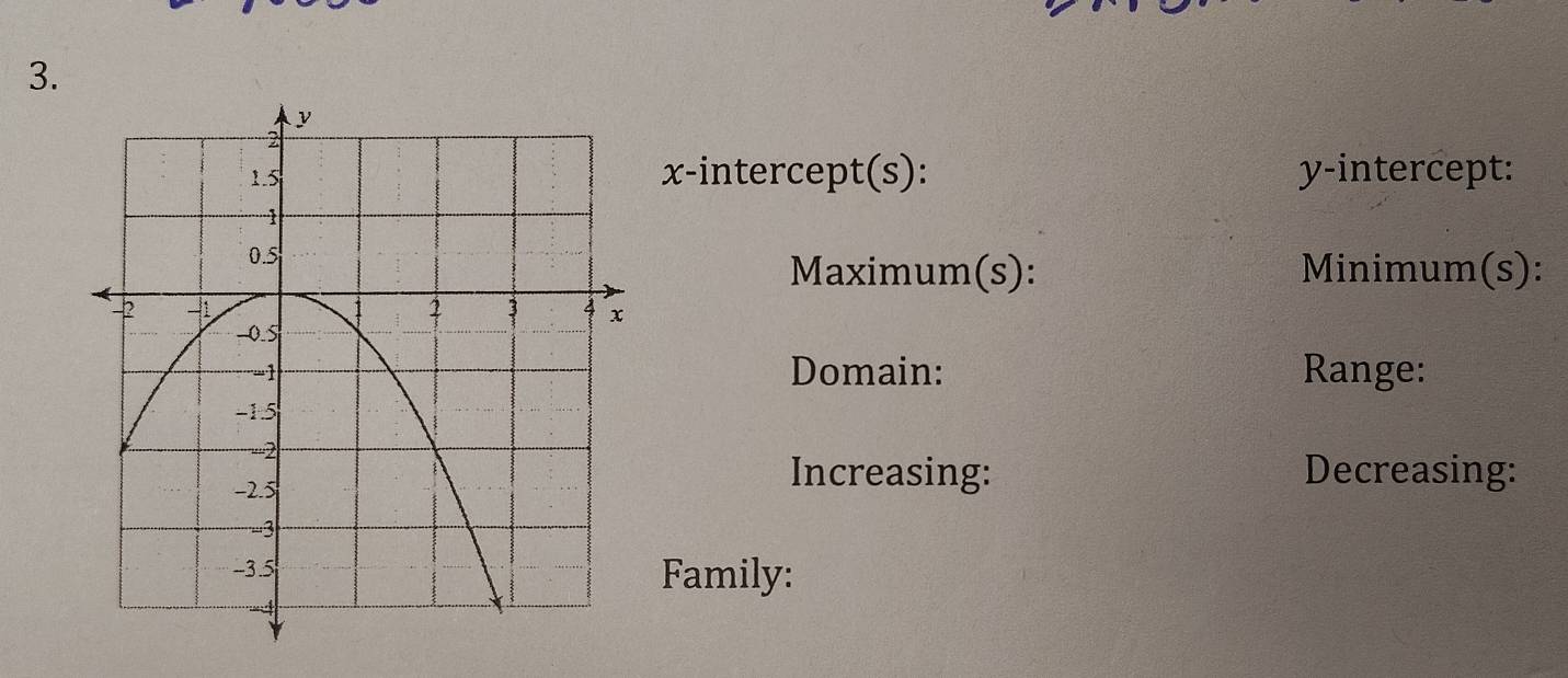 x-intercept(s): y-intercept: 
Maximum(s): Minimum(s): 
Domain: Range: 
Increasing: Decreasing: 
Family: