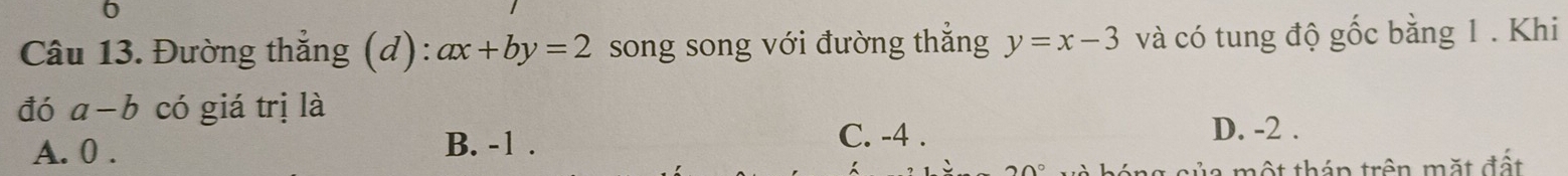 Đường thắng (d): ax+by=2 song song với đường thắng y=x-3 và có tung độ gốc bằng 1. Khi
đó a-b có giá trị là
A. 0. B. -1. C. -4.
D. -2.
ủ a một tháp trên mặt đất