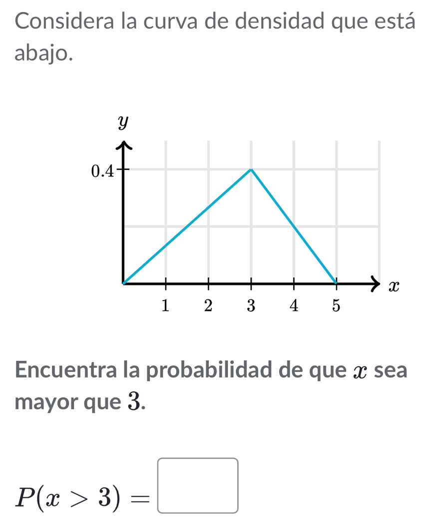 Considera la curva de densidad que está 
abajo. 
Encuentra la probabilidad de que x sea 
mayor que 3.
P(x>3)=□