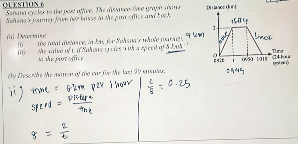 Sahana cycles to the post office. The distance-time graph shows 
Sahana's journey from her house to the post office and back. 
(a) Determine 
(i) the total distance, in km, for Sahana's whole journey. 
(ii) the value of t, if Sahana cycles with a speed of 8 kmh ' 
to the post office 
(b) Describe the motion of the car for the last 90 minutes.