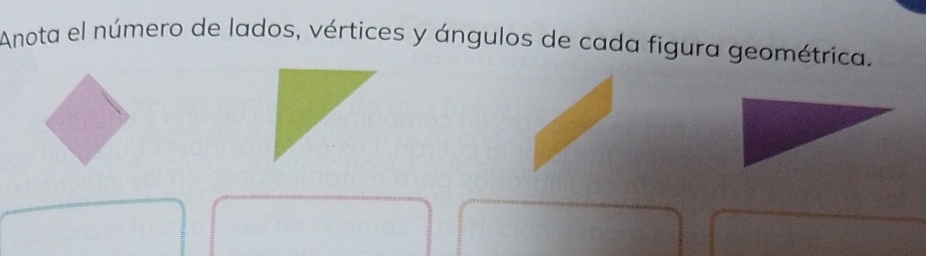 Anota el número de lados, vértices y ángulos de cada figura geométrica.