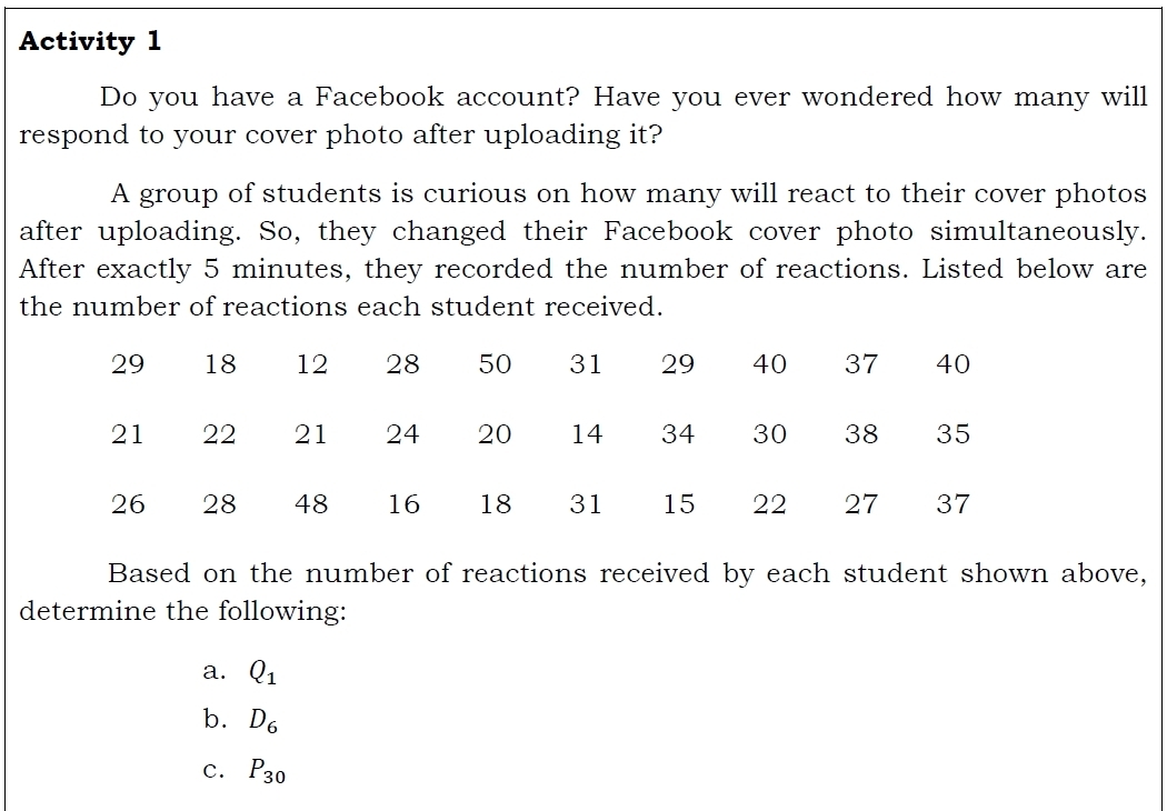 Activity 1 
Do you have a Facebook account? Have you ever wondered how many will 
respond to your cover photo after uploading it? 
A group of students is curious on how many will react to their cover photos 
after uploading. So, they changed their Facebook cover photo simultaneously. 
After exactly 5 minutes, they recorded the number of reactions. Listed below are 
the number of reactions each student received. 
Based on the number of reactions received by each student shown above, 
determine the following: 
a. Q_1
b. D_6
C. P_30