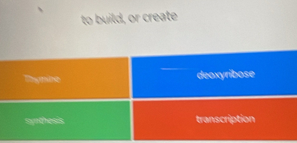 to build, or create
Thymine deoxyribose
Synthesis transcription