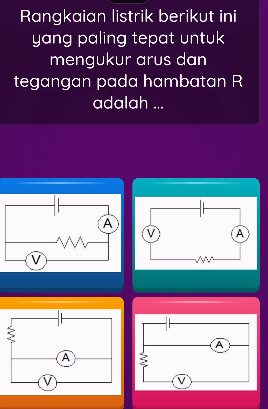 Rangkaian listrik berikut ini 
yang paling tepat untuk 
mengukur arus dan 
tegangan pada hambatan R
adalah ...