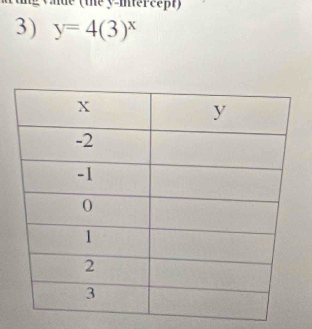 aue (the y-intercept) 
3) y=4(3)^x