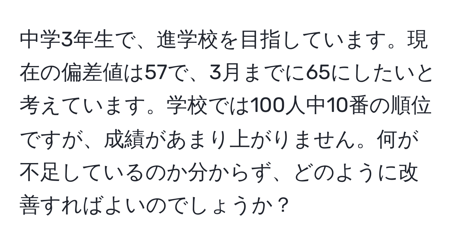 中学3年生で、進学校を目指しています。現在の偏差値は57で、3月までに65にしたいと考えています。学校では100人中10番の順位ですが、成績があまり上がりません。何が不足しているのか分からず、どのように改善すればよいのでしょうか？