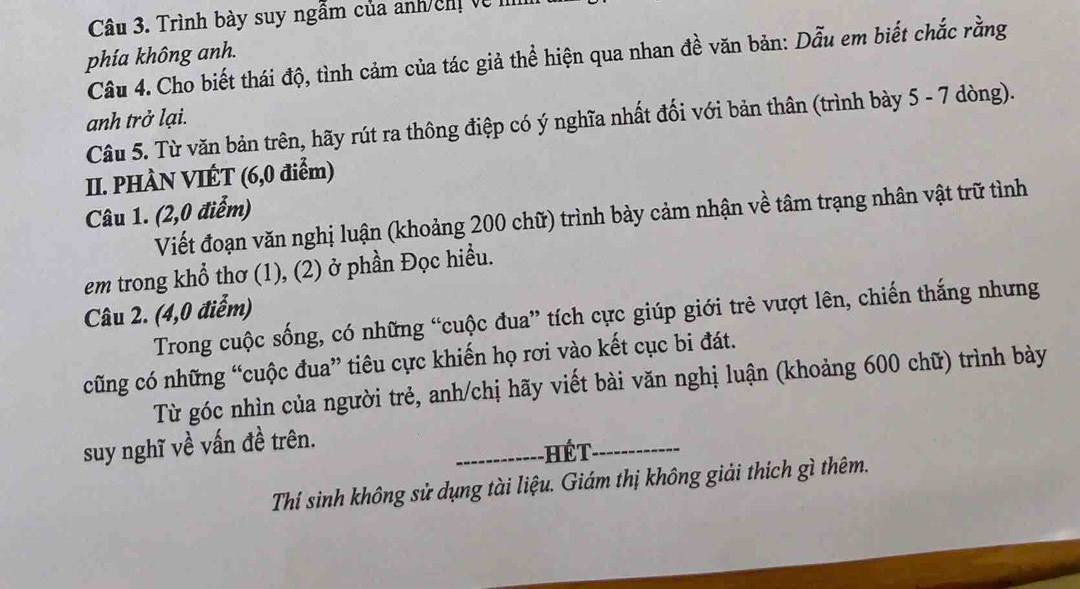 Trình bày suy ngầm của anhcn về I 
phía không anh. 
Câu 4. Cho biết thái độ, tình cảm của tác giả thể hiện qua nhan đề văn bản: Dẫu em biết chắc rằng 
anh trở lại. 
Câu 5. Từ văn bản trên, hãy rút ra thông điệp có ý nghĩa nhất đối với bản thân (trình bày 5 - 7 dòng). 
II. PHÀN VIÉT (6,0 điểm) 
Câu 1. (2,0 điểm) 
Viết đoạn văn nghị luận (khoảng 200 chữ) trình bày cảm nhận về tâm trạng nhân vật trữ tình 
em trong khổ thơ (1), (2) ở phần Đọc hiều. 
Câu 2. (4,0 điểm) 
Trong cuộc sống, có những “cuộc đua” tích cực giúp giới trẻ vượt lên, chiến thắng nhưng 
cũng có những “cuộc đua” tiêu cực khiến họ rơi vào kết cục bi đát. 
Từ góc nhìn của người trẻ, anh/chị hãy viết bài văn nghị luận (khoảng 600 chữ) trình bày 
suy nghĩ về vấn đề trên. 
_ HếT_ 
Thí sinh không sử dụng tài liệu. Giám thị không giải thích gì thêm.