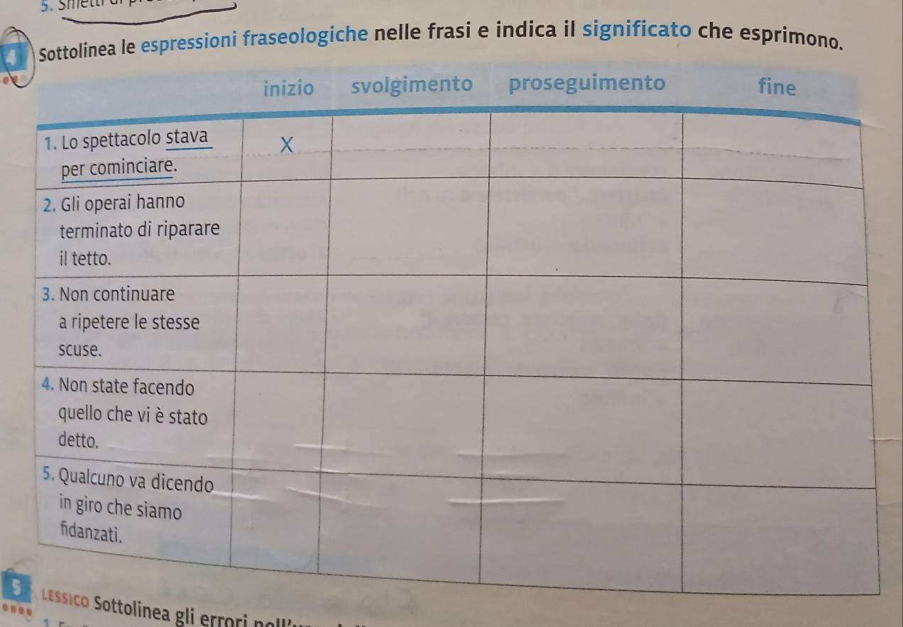 Smettr 
4pressioni fraseologiche nelle frasi e indica il significato che esprimono. 
ssico ottolínea gli ero n