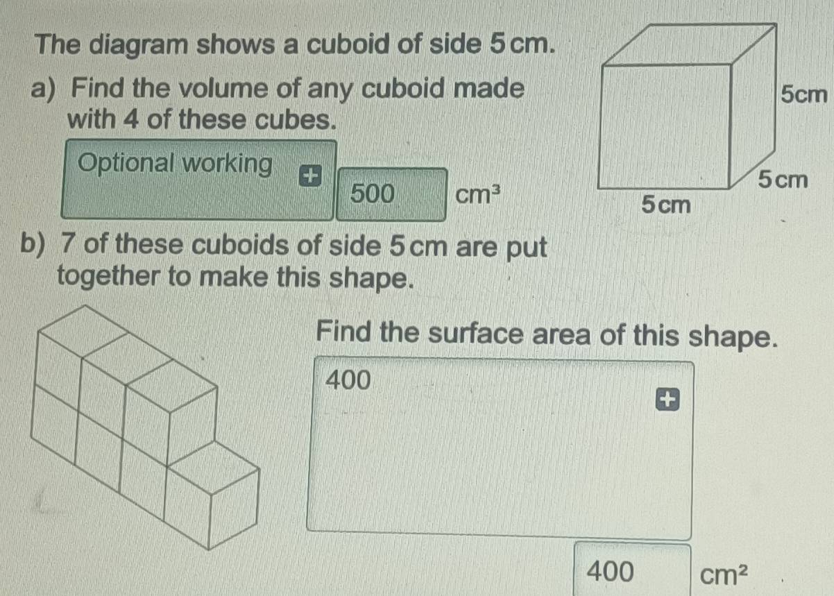 Solved: The diagram shows a cuboid of side 5cm. a) Find the volume of ...