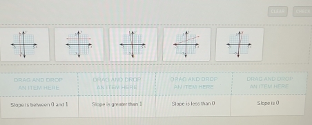 CLEA CHECN 
DRAG AND DROP ORAG AND DROP ORAG AND DROP AN ITEM HERE DRAG AND DROP AN ITEM HERE 
AN ITEM HERE AN ITEM HERE 
Slope is between ( and 1 Slope is greater than ! Slope is less than O Slope is ()