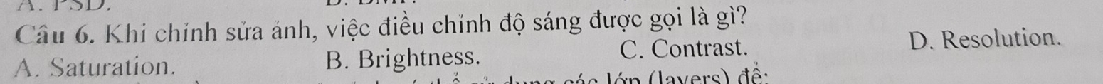 PSD.
Câu 6. Khi chính sửa ảnh, việc điều chính độ sáng được gọi là gì?
A. Saturation. B. Brightness. C. Contrast.
D. Resolution.
: n avers) để :
