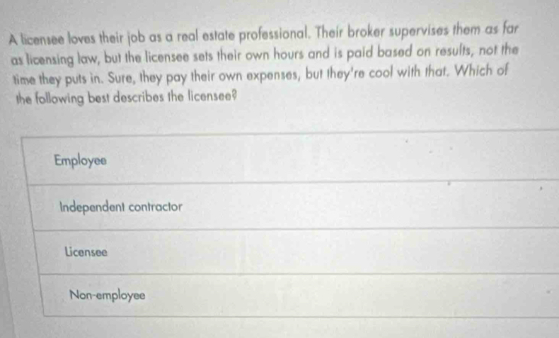Solved: A licensee loves their job as a real estate professional. Their ...