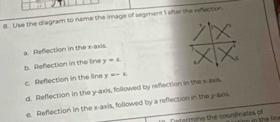 Use the diagram to name the image of segment 1 after the reflection
、
a. Reflection in the x-axis.
b. Reflection in the line y=x.
c. Reflection in the line y=-x.
d. Reflection in the y-axis, followed by reflection in the x-axis
e. Reflection in the x-axis, followed by a reflection in the y-axis.
Determine the coordinates of