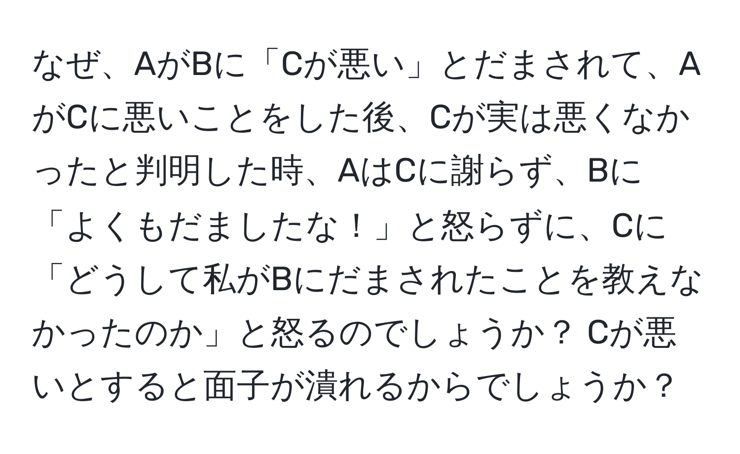 なぜ、AがBに「Cが悪い」とだまされて、AがCに悪いことをした後、Cが実は悪くなかったと判明した時、AはCに謝らず、Bに「よくもだましたな！」と怒らずに、Cに「どうして私がBにだまされたことを教えなかったのか」と怒るのでしょうか？ Cが悪いとすると面子が潰れるからでしょうか？