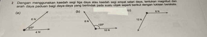 Dengan menggunakan kaedah segi tiga daya atau kaedah segi empat selari daya, tentukan magnitud dan
arah daya paduan bagi daya-daya yang bertindak pada suatu objek seperti berikut dengan lukisan berskala.
(a)(b) (c)
6 N
120°
10 N