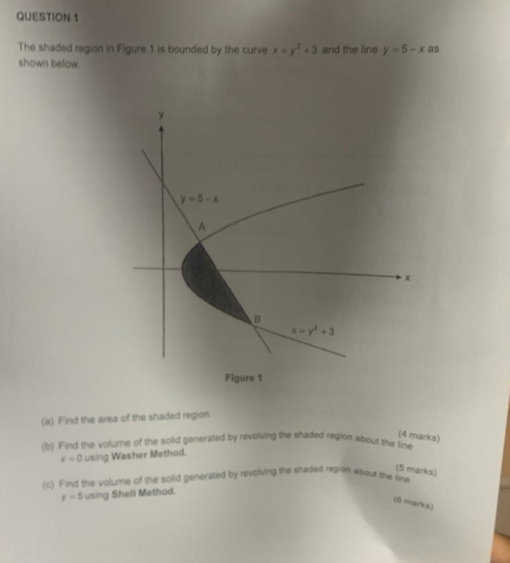 The shaded region in Figure 1 is bounded by the curve x=y^2+3 and the line y=5-x as 
shown below.
y
y=5-x
A
x
B
x=y^2+3
Figure 1 
(a) Find the area of the shaded region. 
(4 marks) 
(b) Find the volume of the solid generated by revolving the shaded region about the line
x=0 using Washer Method. 
(5 marks) 
(c) Find the volume of the solid generated by revolving the shaded region about the line
y=5 using Shell Method. 
(6 marks)