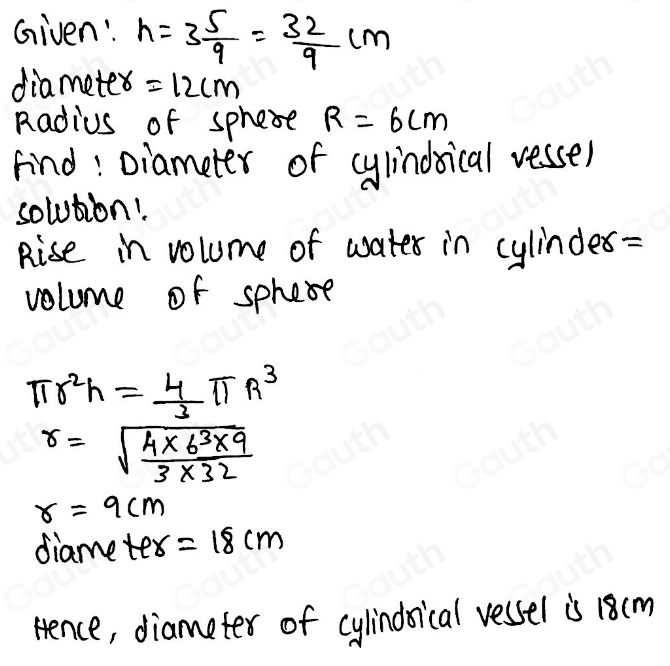 Given: h=3 5/9 = 32/9 cm
diamete =12cm
Radius of sphese R=6cm
Find: Diameter of cylindsical vessel 
solution! 
Rise in volume of water in cylindes- 
volume of sphese
π r^2h= 4/3 π R^3
r=sqrt(frac 4* 6^3* 9)3* 32
r=9cm
diametex =18cm
sence, diameter of cylindoical vessel is 18(m