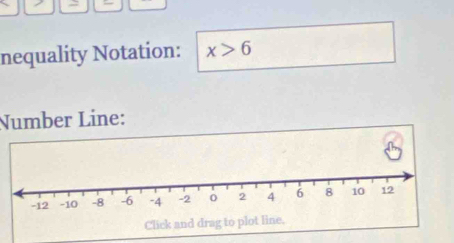 nequality Notation: x>6
Number Line: