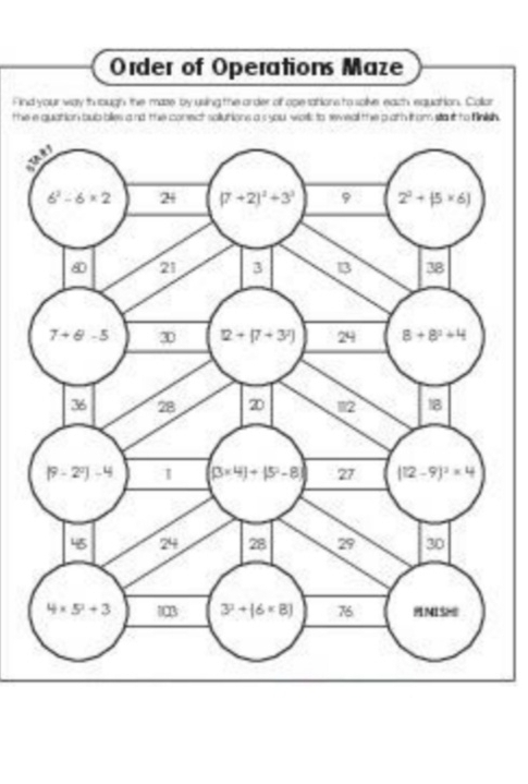 Order of Operations Maze
Find your way th rough the maze by using the arder of ape tations to solve, eazh equation. Collar
the e quation bub bilies a nd the conect sollytions a s you worll to seveal the p ath from so it to Minlgh