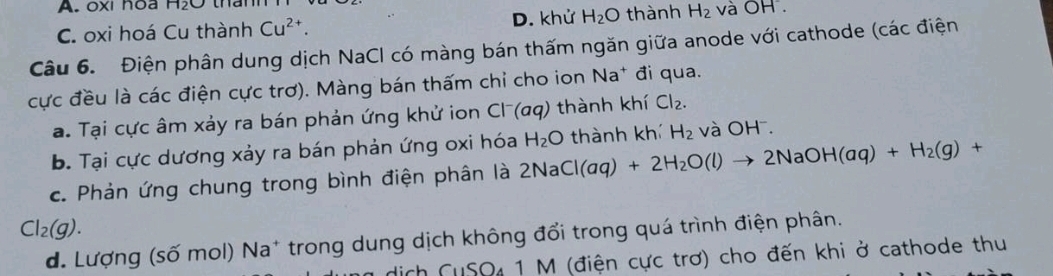 A. oxi hoa H
C. oxi hoá Cu thành Cu^(2+). D. khử H_2O thành H_2 và OH^-. 
Câu 6. Điện phân dung dịch NaCl có màng bán thấm ngăn giữa anode với cathode (các điện
cực đều là các điện cực trơ). Màng bán thấm chỉ cho ion Na* đi qua.
a. Tại cực âm xảy ra bán phản ứng khử ion Cl⁻(σq) thành khí Cl_2. 
b. Tại cực dương xảy ra bán phản ứng oxi hóa H_2O thành khí H_2 và OH¯
c. Phản ứng chung trong bình điện phân là 2NaCl(aq)+2H_2O(l) _  2NaOH(aq)+H_2(g)+
Cl_2(g). 
d. Lượng (số mol) Na* trong dung dịch không đổi trong quá trình điện phân.
CuSO_4 1 M (điện cực trơ) cho đến khi ở cathode thu