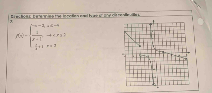 Directions: Determine the location and type of any discontinuities. 
7
f(x)=beginarrayl -x-2,x≤ -4  1/x+1 ,-4 2endarray.