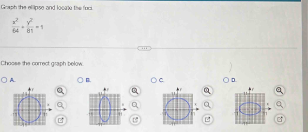 Graph the ellipse and locate the foci.
 x^2/64 + y^2/81 =1
Choose the correct graph below. 
A. 
B. 
C. 
D.