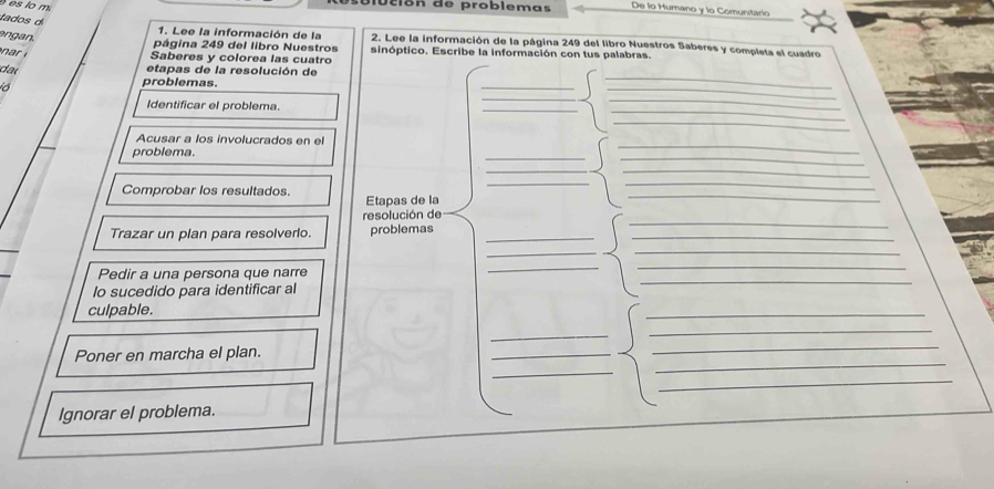 ción de problemas De lo Humano y lo Comunitario 
tados d 
angan. 
1. Lee la información de la 2. Lee la información de la página 249 del libro Nuestros Saberes y completa el cuadro 
página 249 del libro Nuestros 
Saberes y colorea las cuatro sinóptico. Escribe la información con tus palabras. 
da 
etapas de la resolución de 
_ 
_ 
problemas. 
_ 
_ 
__ 
Identificar el problema. 
_ 
_ 
Acusar a los involucrados en el 
__ 
problema. 
_ 
__ 
__ 
Comprobar los resultados. 
Etapas de la 
_ 
resolución de 
Trazar un plan para resolverlo. problemas__ 
_ 
_ 
_ 
_ 
Pedir a una persona que narre 
_ 
_ 
lo sucedido para identificar al 
culpable. 
_ 
_ 
_ 
Poner en marcha el plan. 
_ 
_ 
_ 
_ 
_ 
Ignorar el problema.