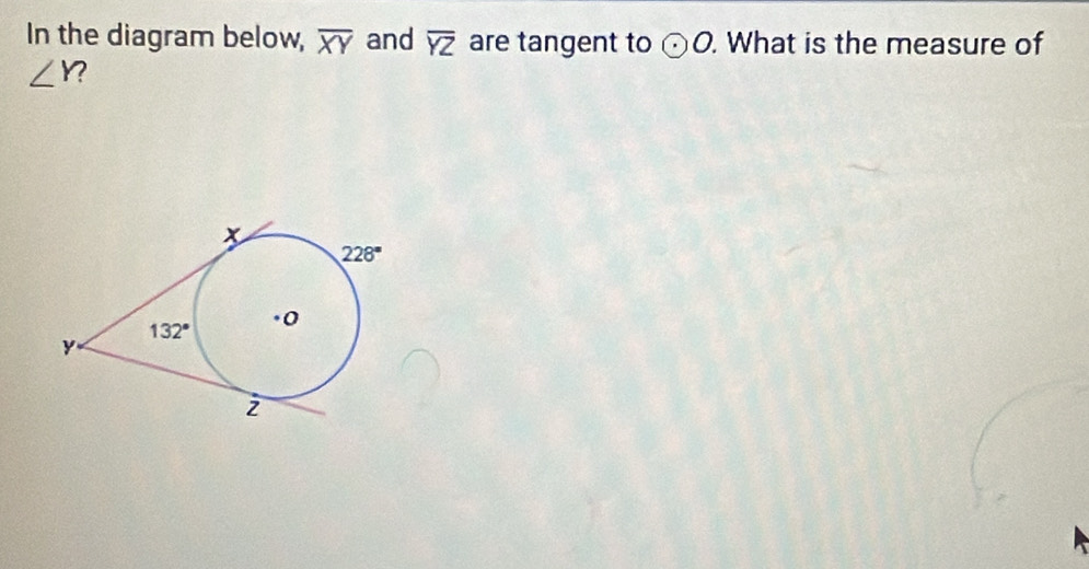 In the diagram below, overline XY and overline YZ are tangent to odot O.. What is the measure of
∠ Y 2