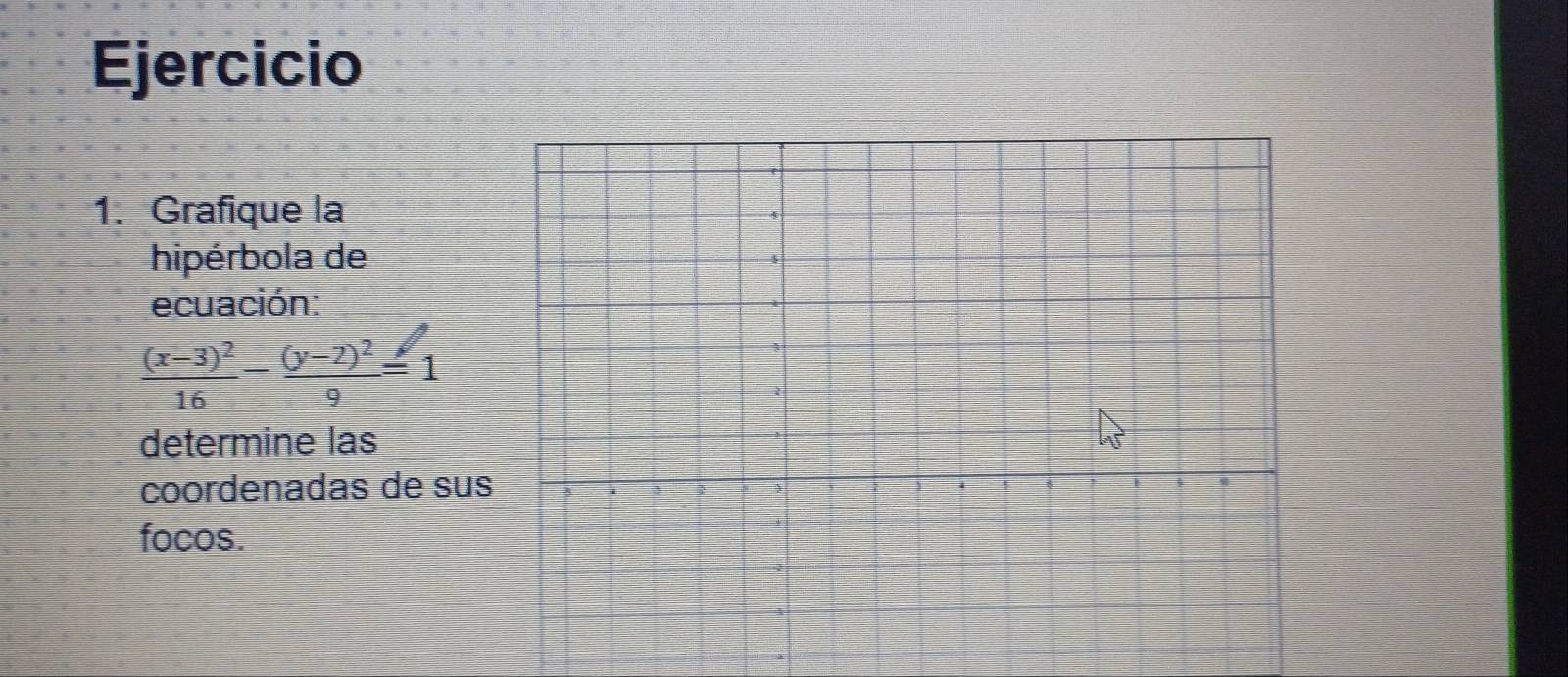 Grafique la 
hipérbola de 
ecuación:
frac (x-3)^216-frac (y-2)^29=1
determine las 
coordenadas de sus 
focos.